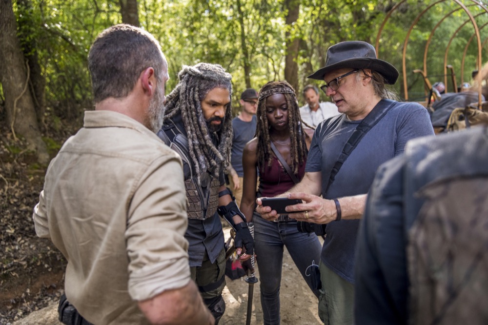 BTS, Andrew Lincoln as Rick Grimes, Khary Payton as Ezekiel, Danai Gurira as Michonne, Executive Producer Greg Nicotero - The Walking Dead _ Season 9, Episode 1 - Photo Credit: Jackson Lee Davis/AMC