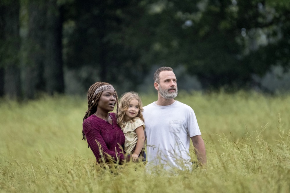 Andrew Lincoln as Rick Grimes, Danai Gurira as Michonne, Chloe Garcia as Judith - The Walking Dead _ Season 9, Episode 1 - Photo Credit: Jackson Lee Davis/AMC