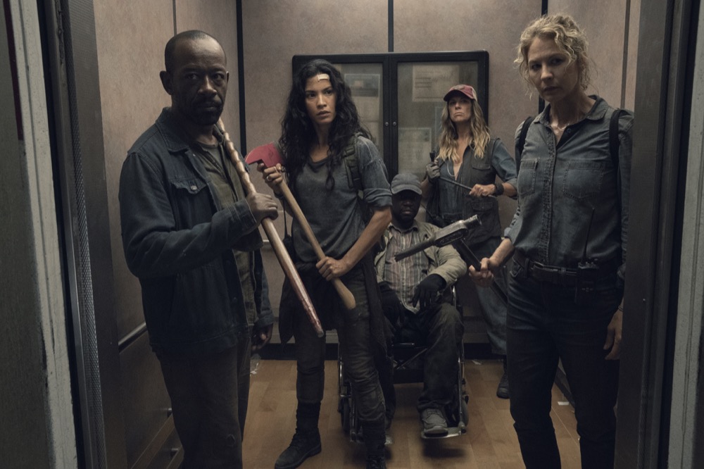 Jenna Elfman as June, Danay Garcia as Luciana, Daryl "Chill" Mitchell as Wendell, Mo Collins as Sarah, Lennie James as Morgan Jones - Fear the Walking Dead _ Season 4, Episode 15 - Photo Credit: Ryan Green/AMC