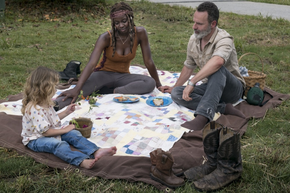 Andrew Lincoln as Rick Grimes, Danai Gurira as Michonne, Chloe Garcia-Frizzi as Judith Grimes - The Walking Dead _ Season 9, Episode 3 - Photo Credit: Gene Page/AMC